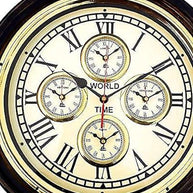 Antique Style Wooden 5 Time Wall Clock with World Map, Brass Accents, 16-inch Round Art Design - WoodenTwist