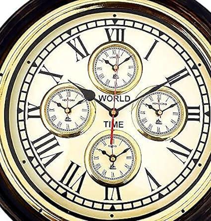 Antique Style Wooden 5 Time Wall Clock with World Map, Brass Accents, 16-inch Round Art Design - WoodenTwist