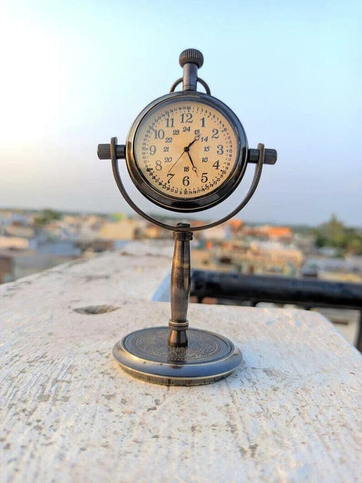 Brass Nautical Marine Desk Clock 5” Rotating Dial Engraved Back - WoodenTwist