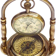Handmade Engraved Brass Victoria London Table Clock With Compass Base - WoodenTwist