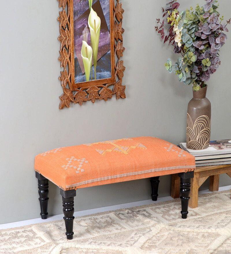 Mango Wood Bench In Cotton Orange Colour - WoodenTwist