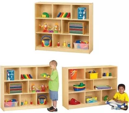 Efficient Six-Section Storage Design - Light Oak Toy Shelf