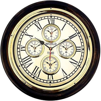 Antique Style Wooden 5 Time Wall Clock with World Map, Brass Accents, 16-inch Round Art Design - WoodenTwist