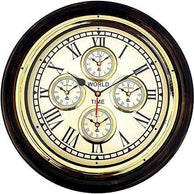 Antique Style Wooden 5 Time Wall Clock with World Map, Brass Accents, 16-inch Round Art Design - WoodenTwist