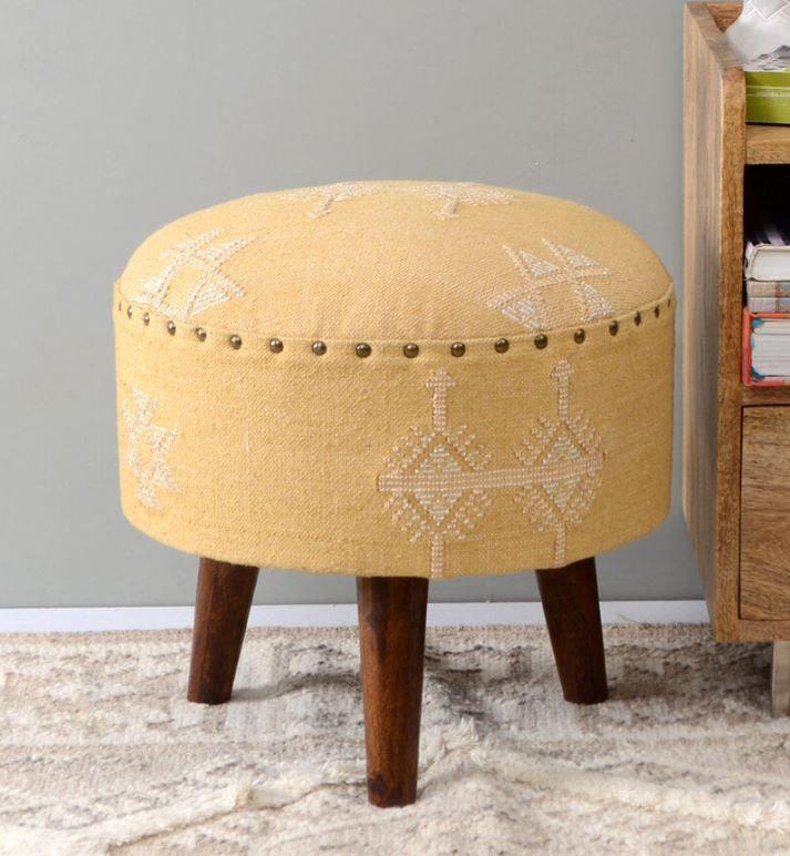 Mango Wood Foot Stool In Cotton Yellow Colour - WoodenTwist