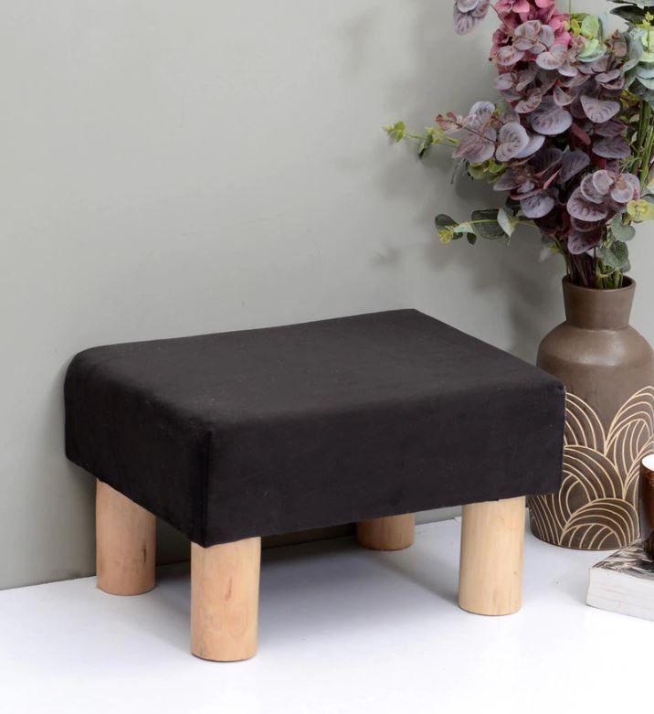 Solid Wood Foot Stool In Velvet Black Colour - WoodenTwist