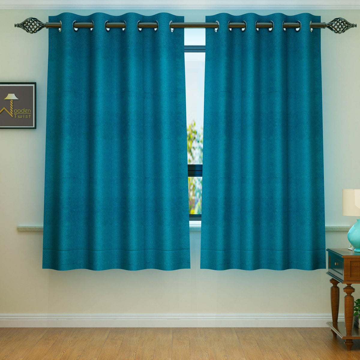 Light filtering blue jute window curtain