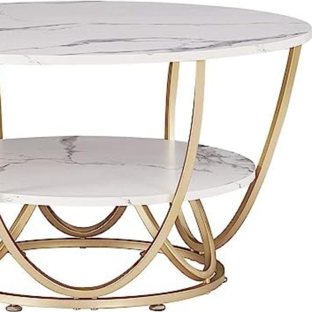 Wooden Twist Round Coffee Table with Marble Top Like Finish Stylish 2-Tier Design