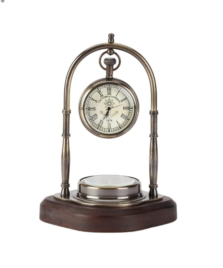 Table Clock with Wooden Compass Stand - Exim Decor Hanging Clock Ship Table Clock Brass Desk Clock Maritime Brass Compass wit