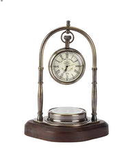 Table Clock with Wooden Compass Stand - Exim Décor Hanging Clock Ship Table Clock Brass Desk Clock Maritime Brass Compass with Antique Victoria London Pocket Watch Finish Antique