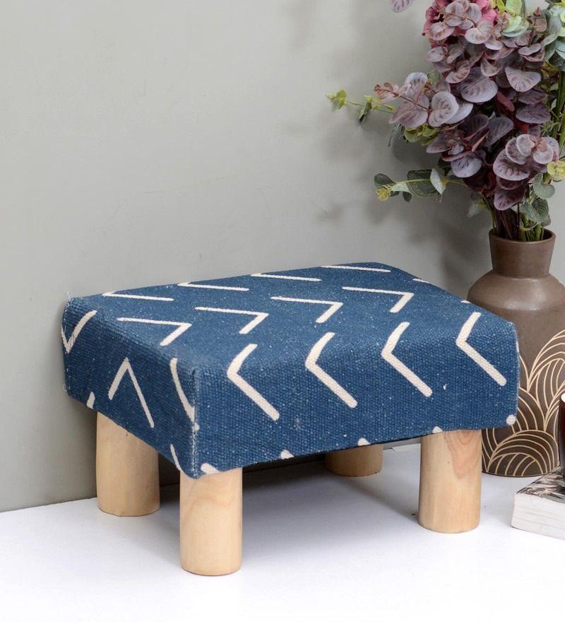 Solid Wood Footrest Stool In Cotton Blue Colour - WoodenTwist