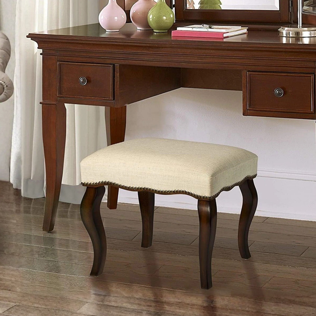 Wooden Twist Backless Vanity Teak Wood Rectangular Stool with Nail Head Trim