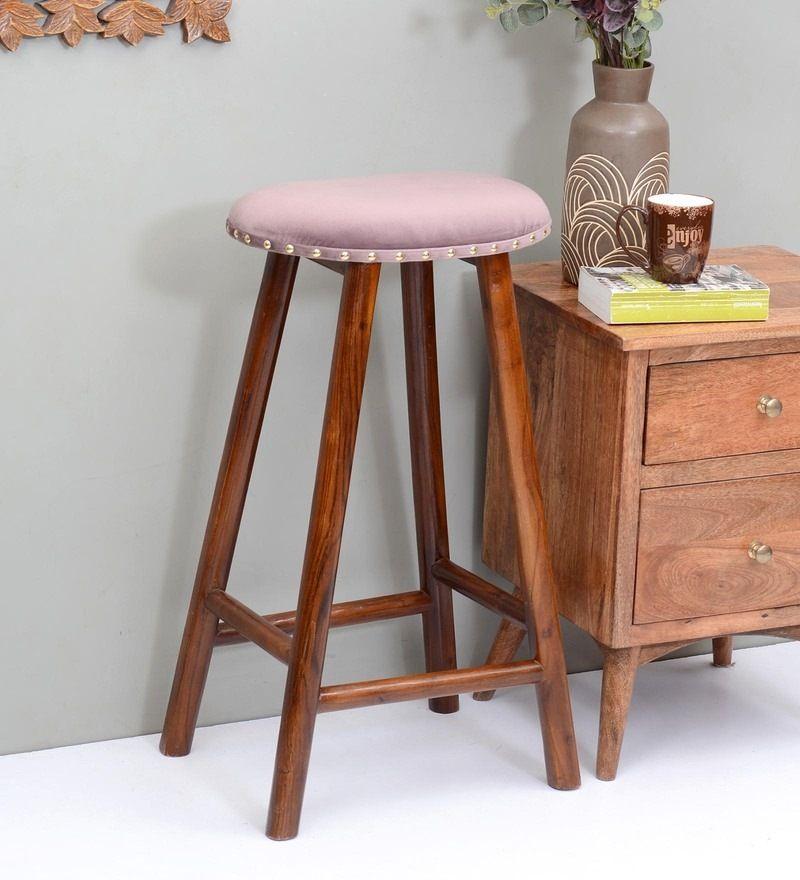 Curved Mango Wood Bar Stool In Velvet Pink Color - WoodenTwist