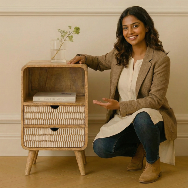 Wooden Twist Solivne Handmade Stylish Bedside Table with 2 Spacious Storage Drawers for Bedroom & Living Room - WoodenTwist