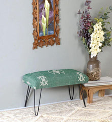 Mango Wood Bench In Cotton Green Colour With Metal Legs - WoodenTwist