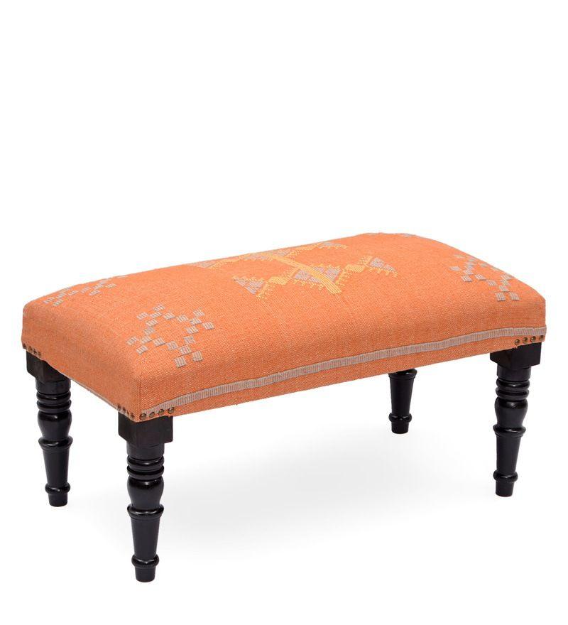 Mango Wood Bench In Cotton Orange Colour - WoodenTwist