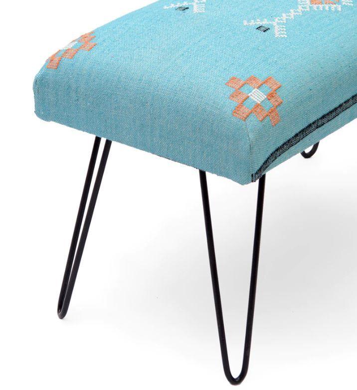 Mango Wood Bench In Cotton Blue Colour With Metal Legs - WoodenTwist