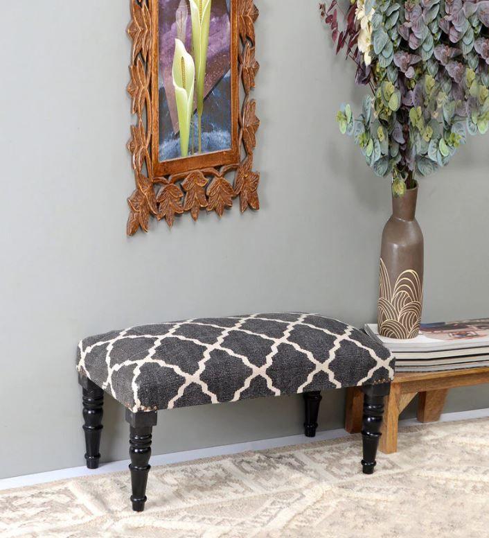 Mango Wood Bench In Cotton Black Colour - WoodenTwist