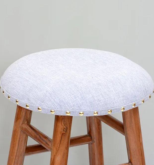 Round Mango Wood Bar Stool In Cotton Light Blue Colour - WoodenTwist