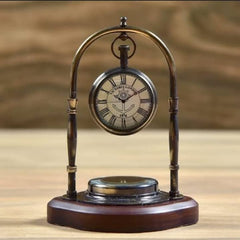 Table Clock with Wooden Compass Stand - Exim Décor Hanging Clock Ship Table Clock Brass Desk Clock Maritime Brass Compass with Antique Victoria London Pocket Watch Finish Antique