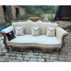 Wooden Twist Hand Craved Estilo Teak Wood 3 Seater Sofa Set ( Antique Golden ) - WoodenTwist