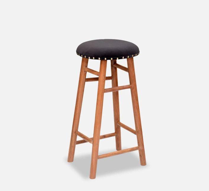 Round Mango Wood Bar Stool In Velvet Black Colour - WoodenTwist