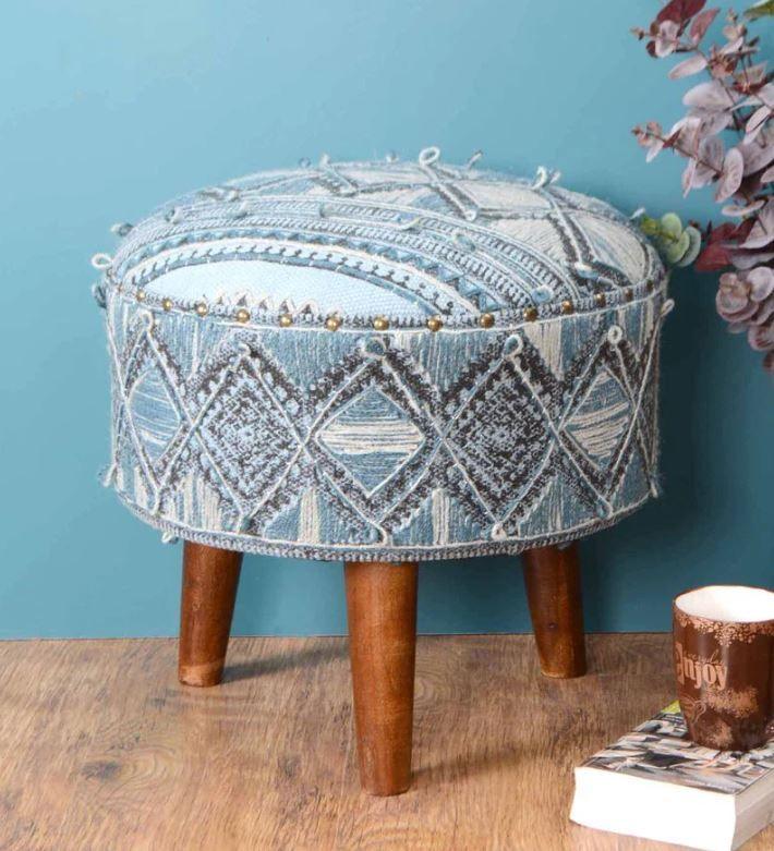 Mango Wood Foot Stool In Cotton Blue Colour - WoodenTwist