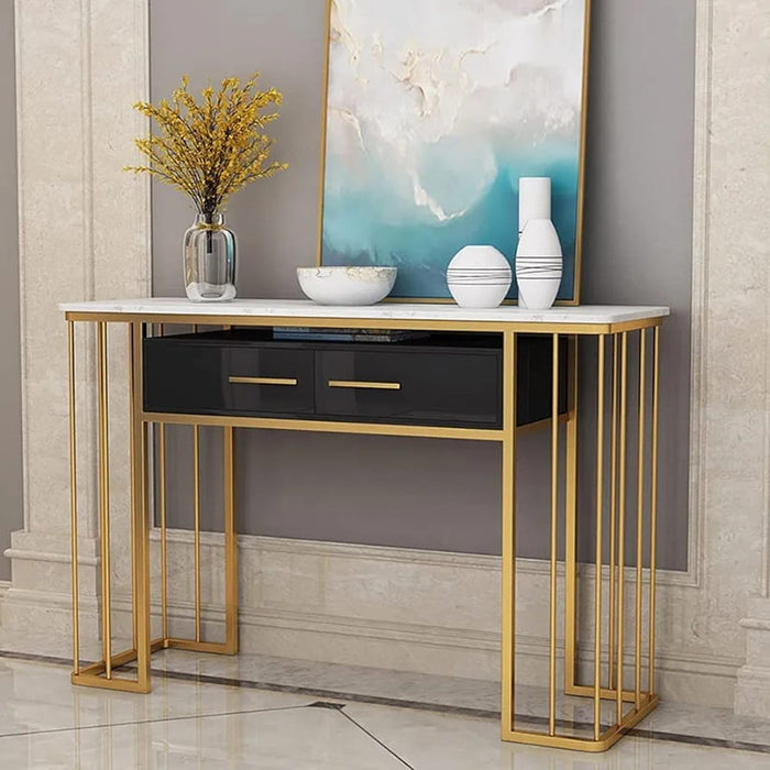 Luxurious Modern Rectangle Console Table with White Marble Top - White & Golden