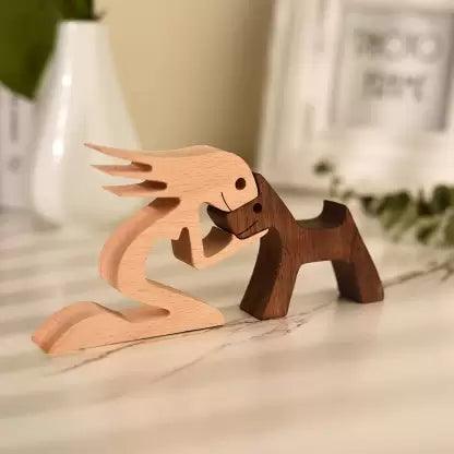 Brown Wooden Dog Cat Family Statue