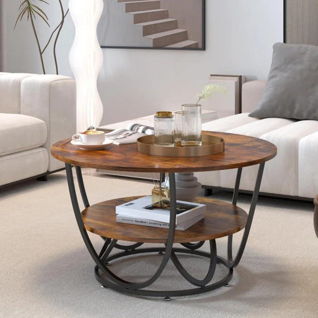 Wooden Twist Round Coffee Table with Marble Top Like Finish Stylish 2-Tier Design - WoodenTwist