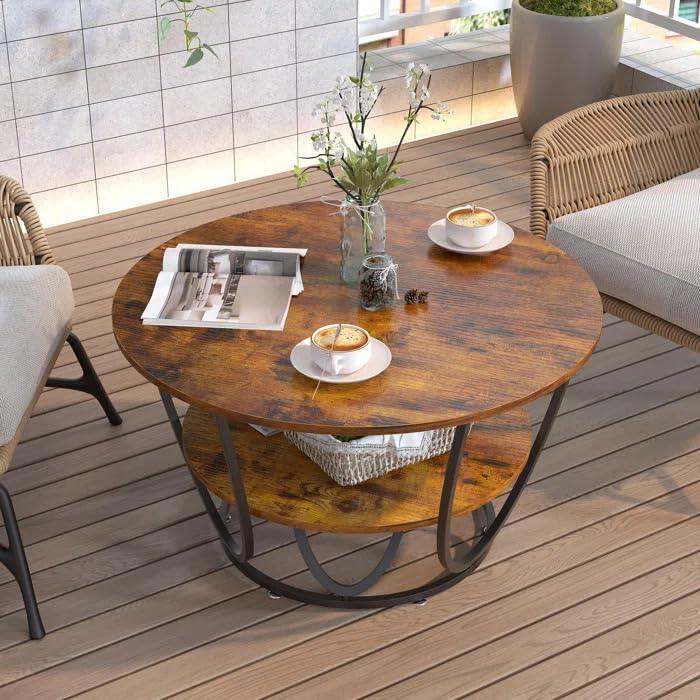 Wooden Twist Round Coffee Table with Marble Top Like Finish Stylish 2-Tier Design - WoodenTwist