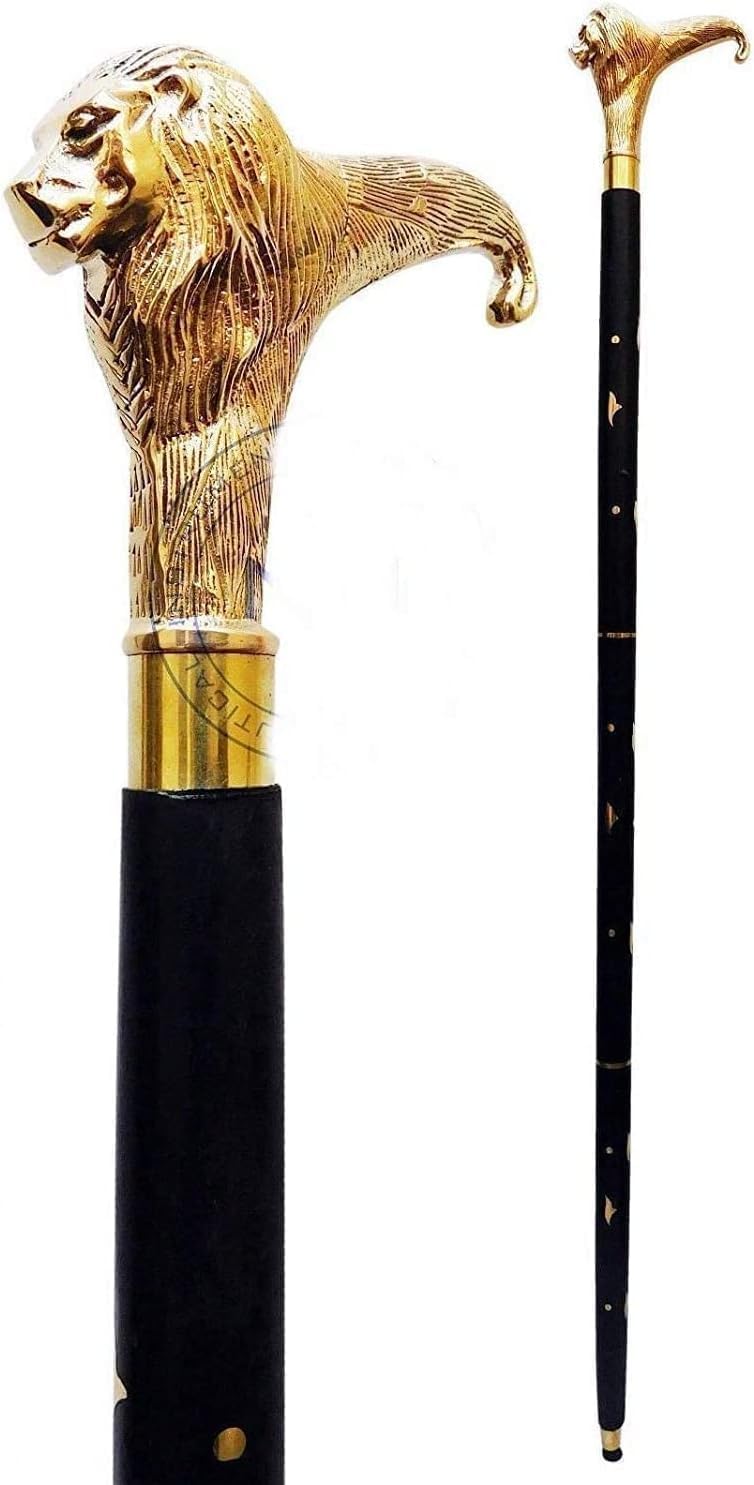 Brass Lion Handle Cane Black Wooden Walking Stick Cane Handcrafted Wood Perfect Offering Cane for Men Women Senior Cane 3 Fold Fancy Cane