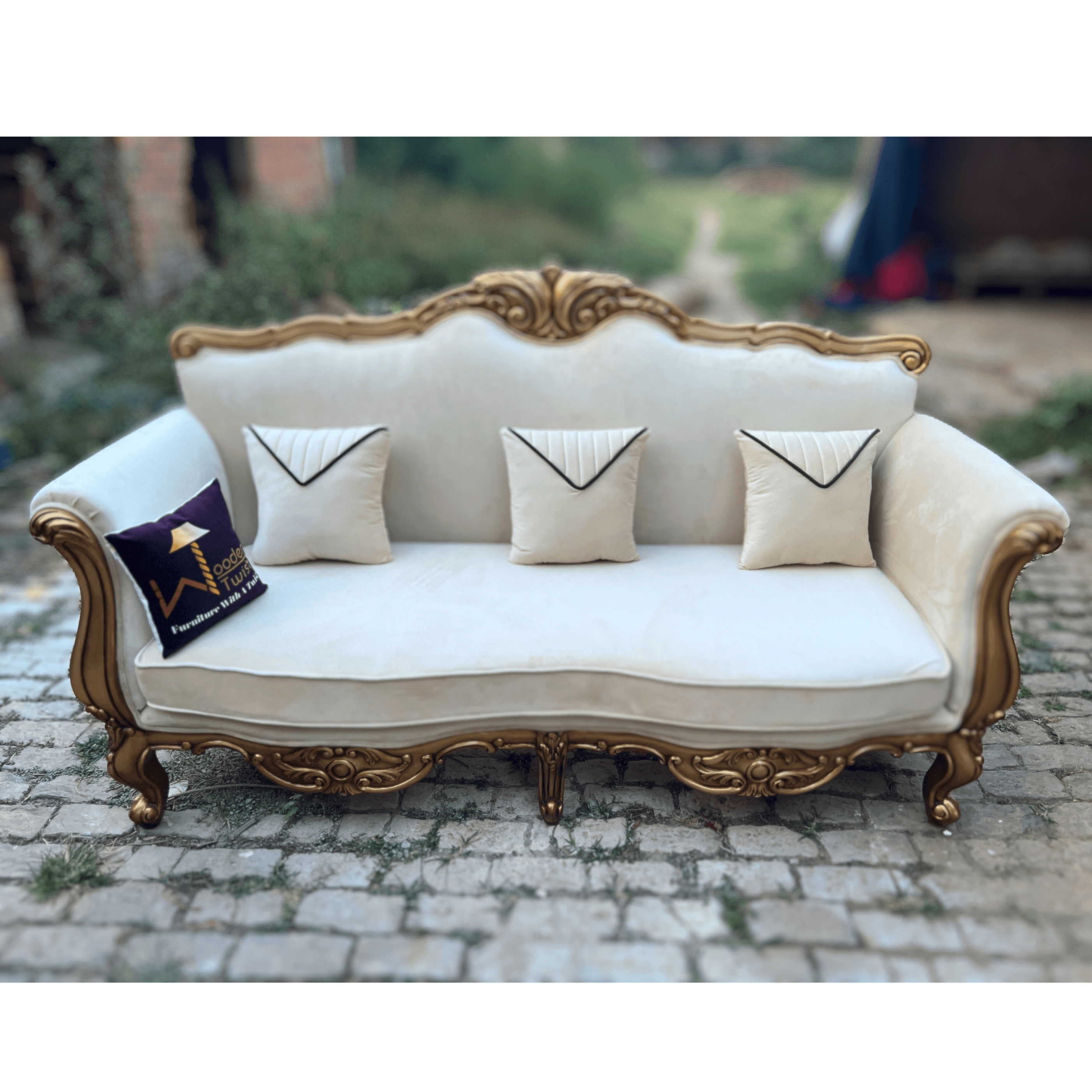 Wooden Twist Hand Craved Estilo Teak Wood 3 Seater Sofa Set ( Antique Golden ) - WoodenTwist