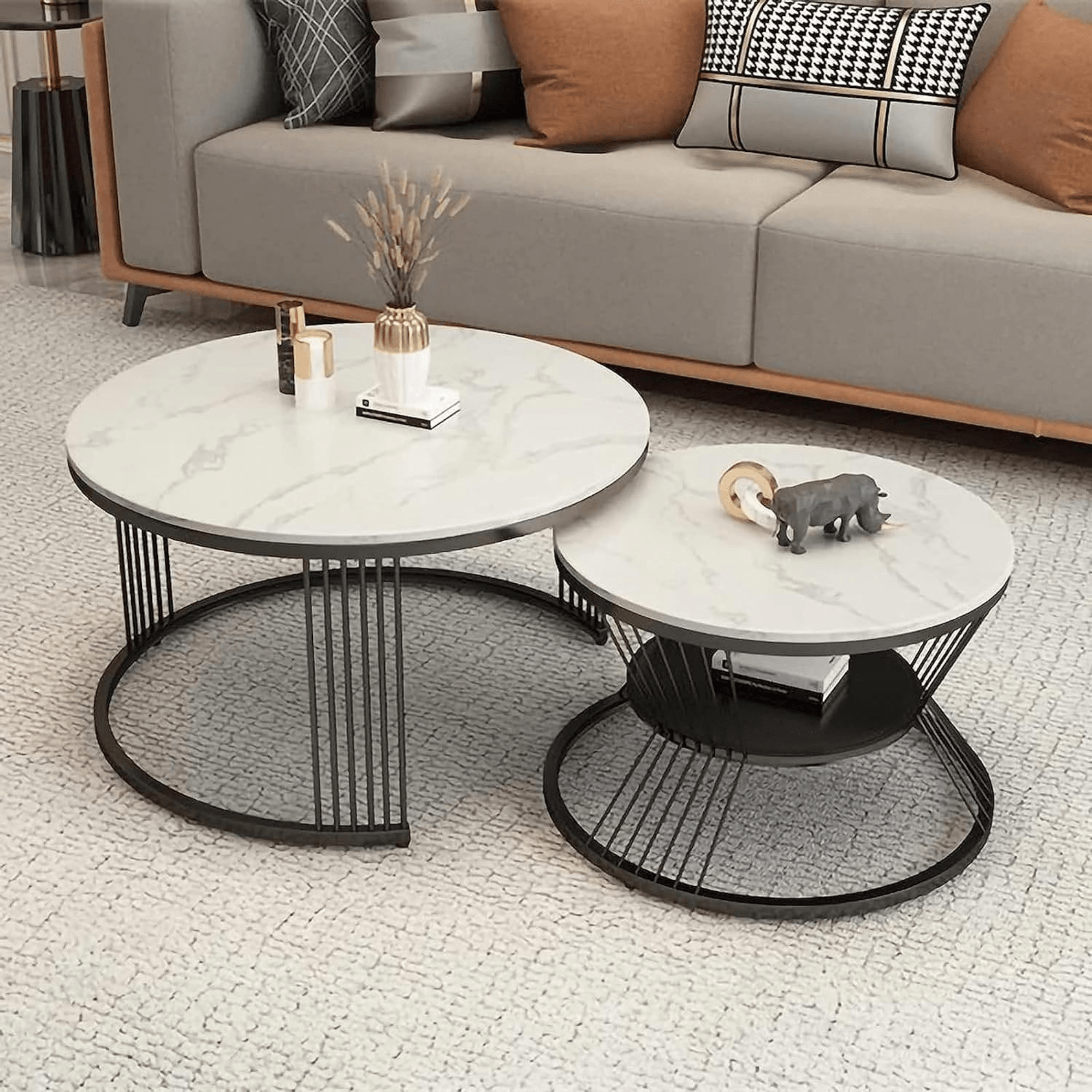 Wooden Twist Stylish Look Round Wrought Iron Coffee Table Set of 2 - WoodenTwist