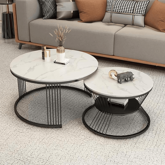 Wooden Twist Stylish Look Round Wrought Iron Coffee Table Set of 2