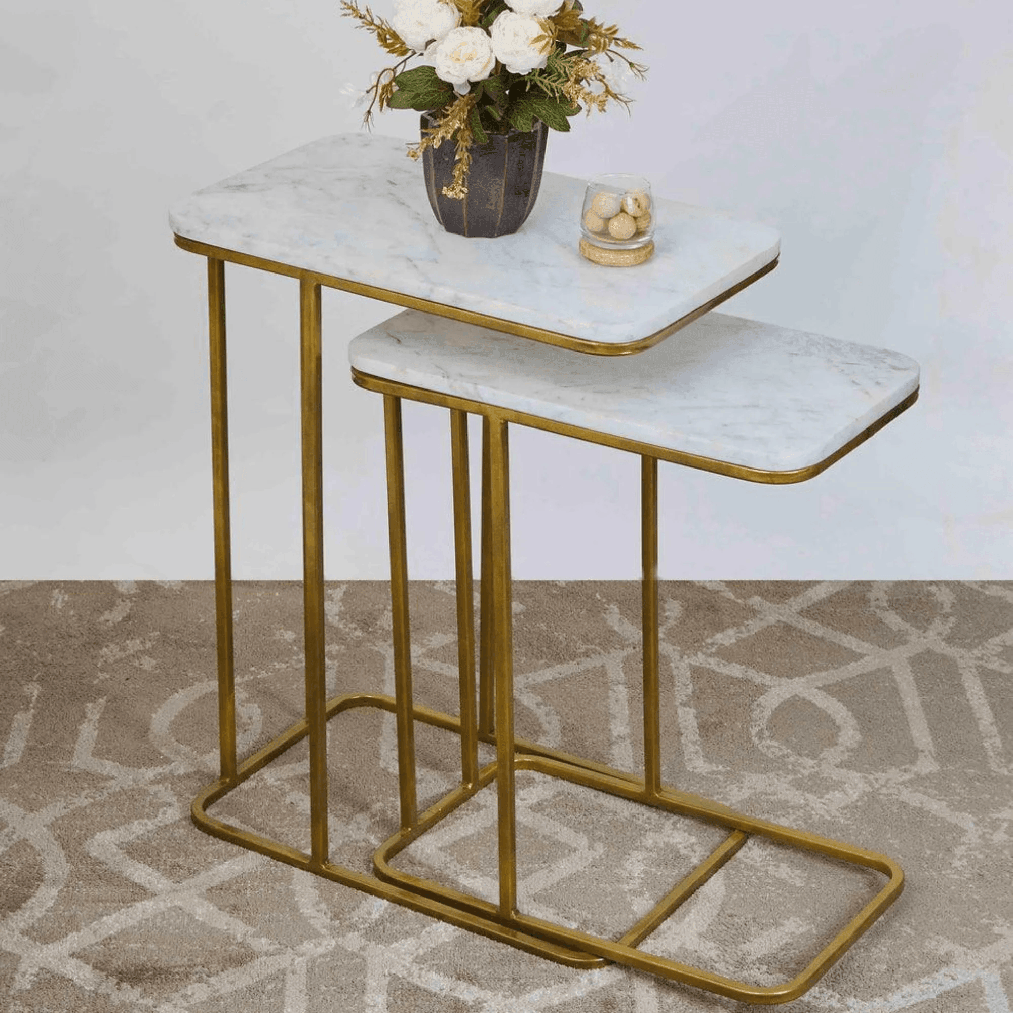Wooden Twist Sassy Marble Finish Laminated Top End Table Set of 2 with Golden Finish - WoodenTwist