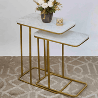 Wooden Twist Sassy Marble Finish Laminated Top End Table Set of 2 with Golden Finish - WoodenTwist