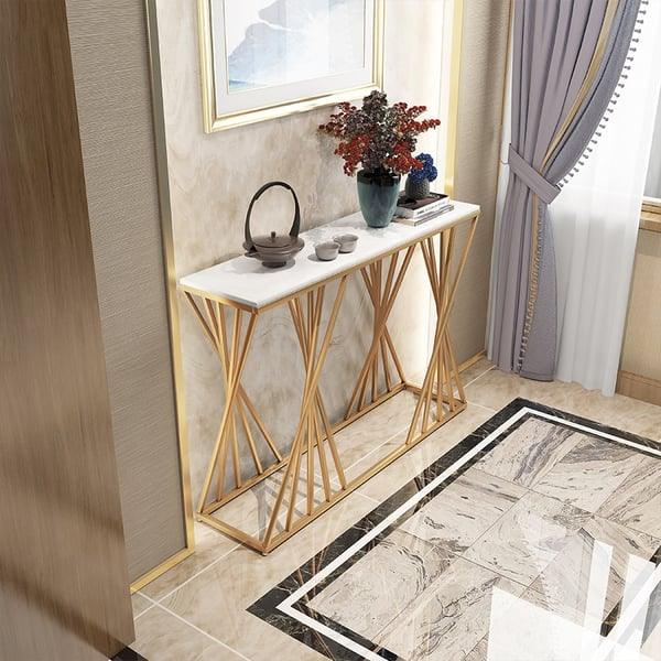 Opulent Golden Console Table - Modern Rectangular Marble Top - WoodenTwist