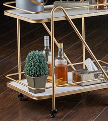 2 Tier Metallic Marble Elegance Rolling Bar Cart - Stylish and Functional Serving Cart with Wheels - WoodenTwist