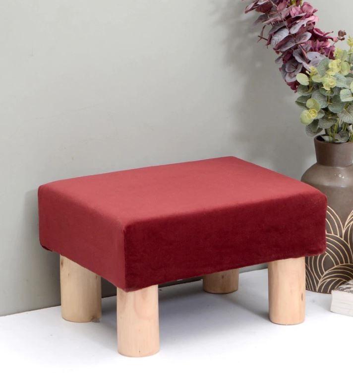 Solid Wood Foot Stool In Velvet Red Colour - WoodenTwist