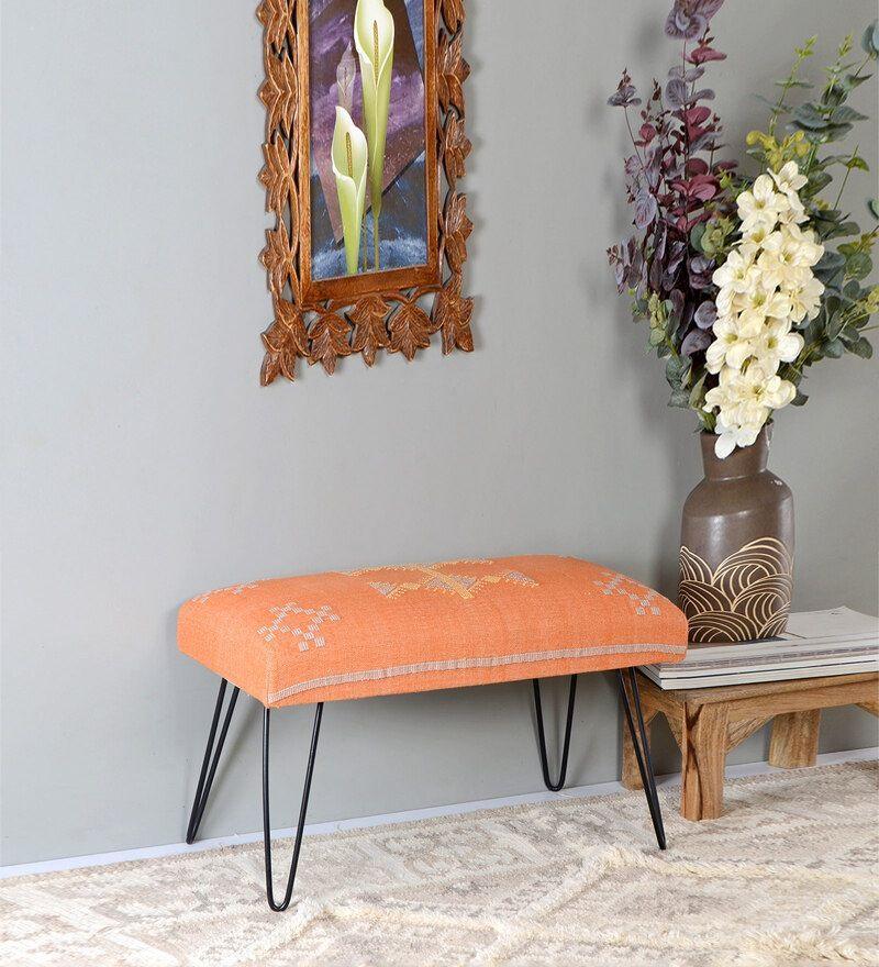 Mango Wood Bench In Cotton Orange Colour With Metal Legs - WoodenTwist