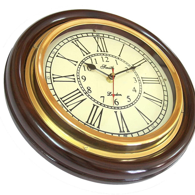 Vintage Maritime Decor Antique Look 12-Inch Brass And Wooden Wall Clock (Brown) - WoodenTwist