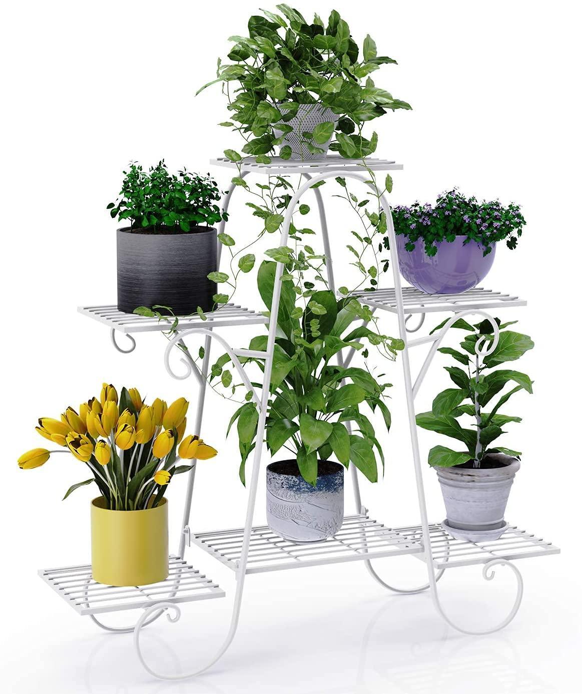 6 Tier Plant Stands for Indoors and Outdoors, Flower Pot Holder Shelf for Multi Plants (White) - WoodenTwist