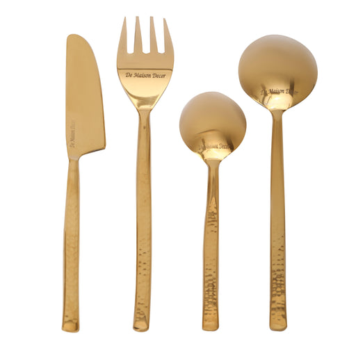 Artisan Dot Hammered Golden Cutlery (Set of 24) 6 Knife, 6 Fork, 6 Rice Spoon, 6 Dessert Spoon - WoodenTwist