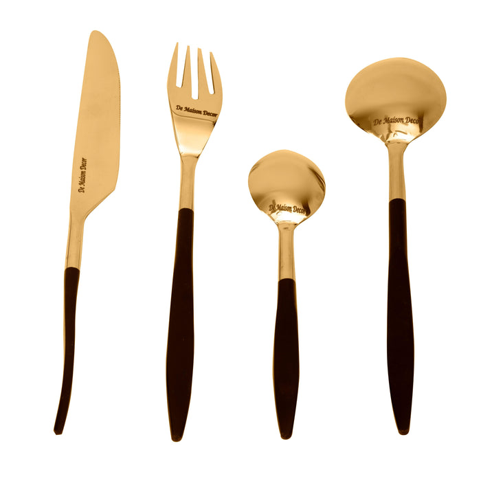 Midnight Opulence Black & Gold Cutlery (Set of 16) 4Knife, 4Fork,4 Rice Spoon,4 Dessert Spoon - WoodenTwist