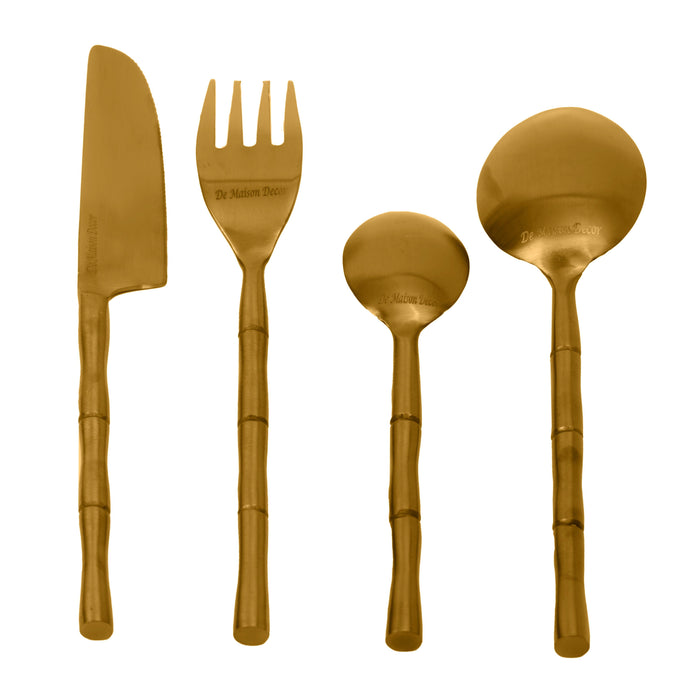 Artisan Dot Hammered Golden Cutlery (Set of 16) 4Knife, 4Fork,4 Rice Spoon,4 Dessert Spoon - WoodenTwist