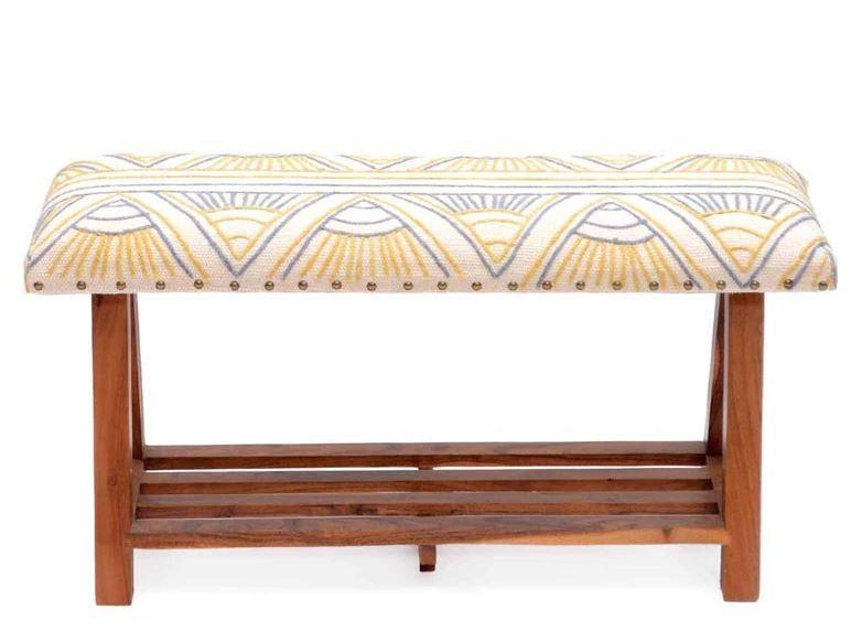 Mango Wood Bench In Cotton yellow Colour - WoodenTwist