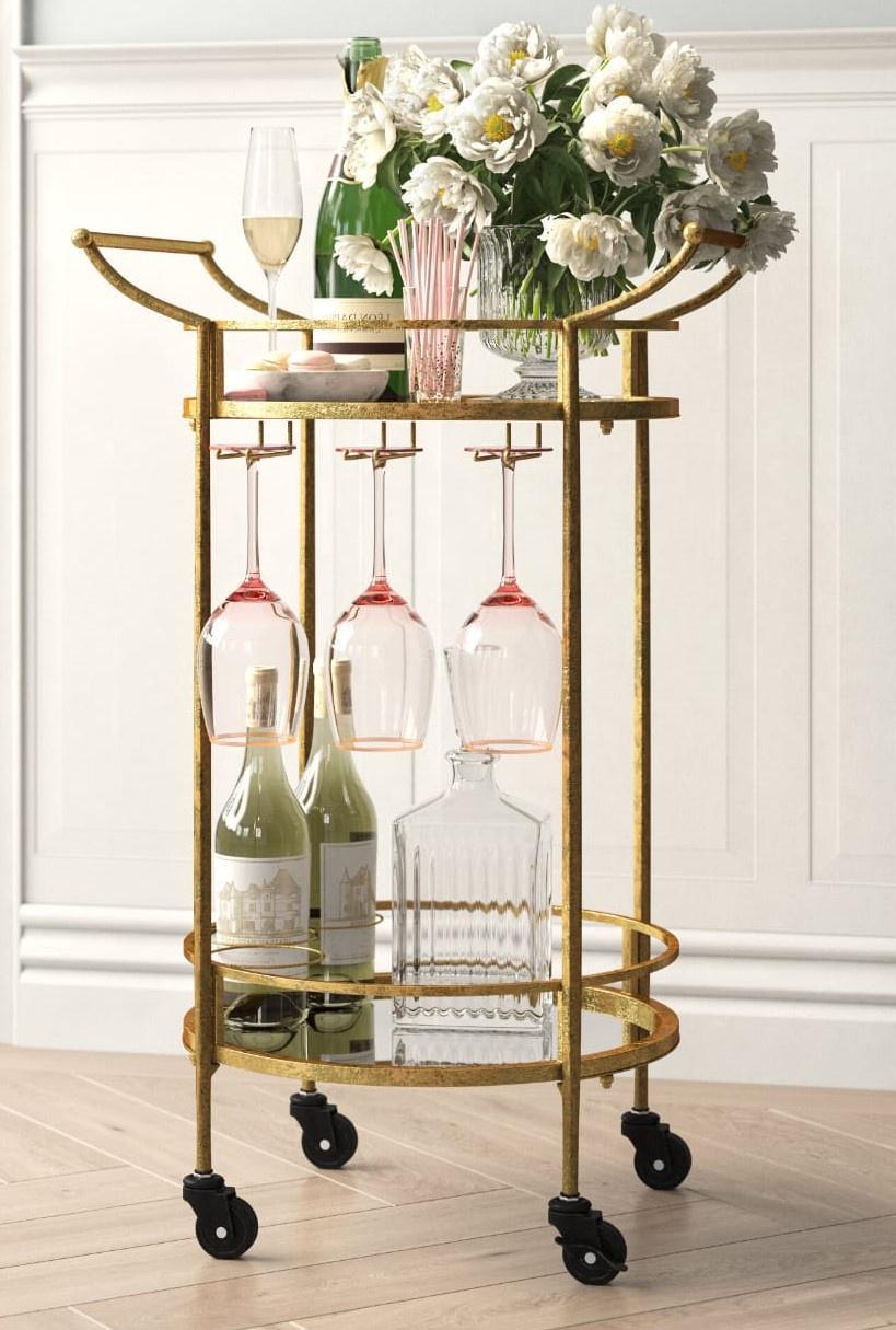 Golden Round Two Tier Bar Cart Trolley with Clear Glass Shelves