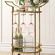 Golden Round Two Tier Bar Cart Trolley with Clear Glass Shelves