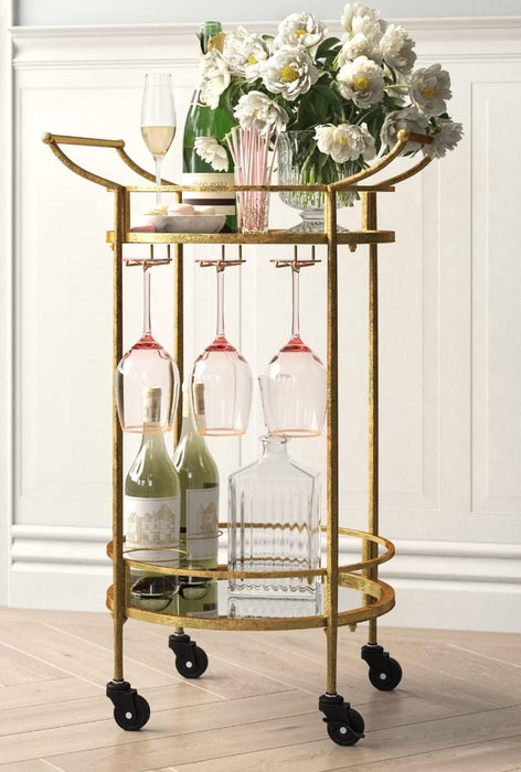 Golden Round Two Tier Bar Cart Trolley with Clear Glass Shelves